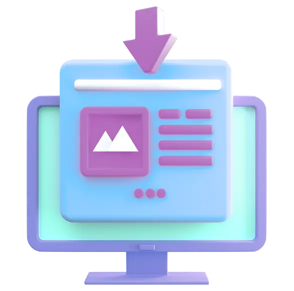 3D illustration of a single web page layout on a computer screen with a downward arrow