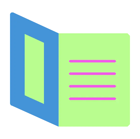 Open brochure illustration with content layout and visual panel