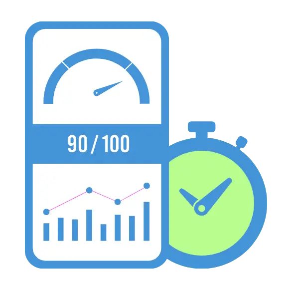 Performance metrics icon showing page speed score, analytics chart, and stopwatch