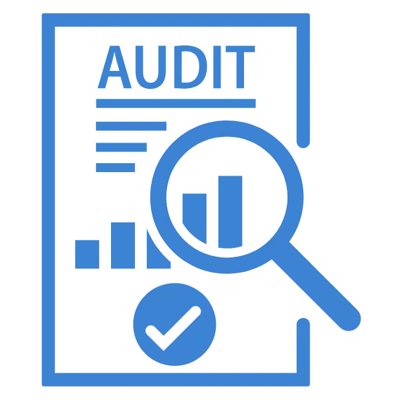 SEO audit report icon with magnifying glass and data charts