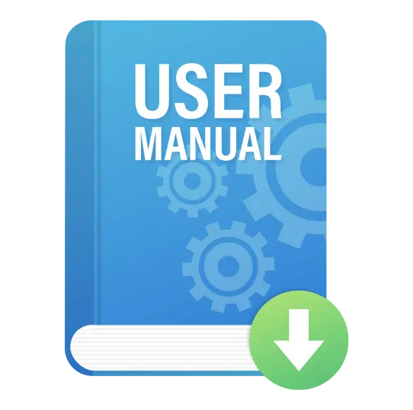 Blue user manual book with gear icons and download symbol