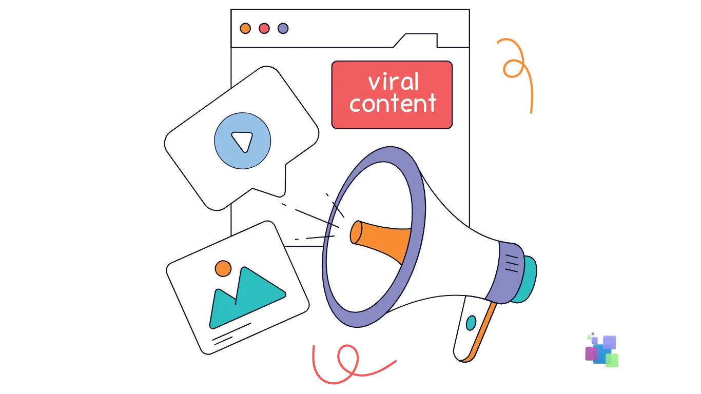 Illustration showing viral content strategy with megaphone, video, and image icons