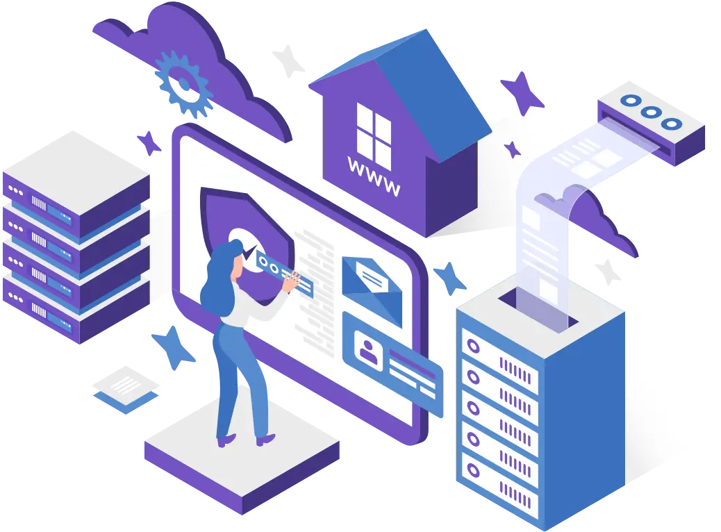 Illustration showing secure VPS hosting, cloud storage, website management dashboard, and server stack for WordPress hosting
